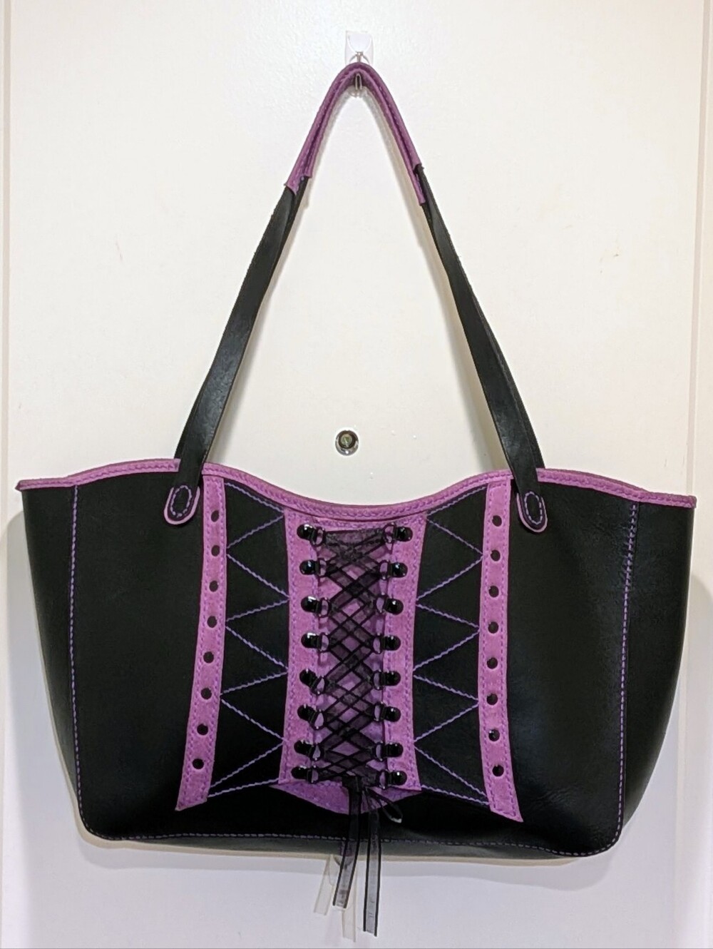 EUC Handmade Genuine Leather Black and Purple Corset Laced Oversize Shoulder Bag